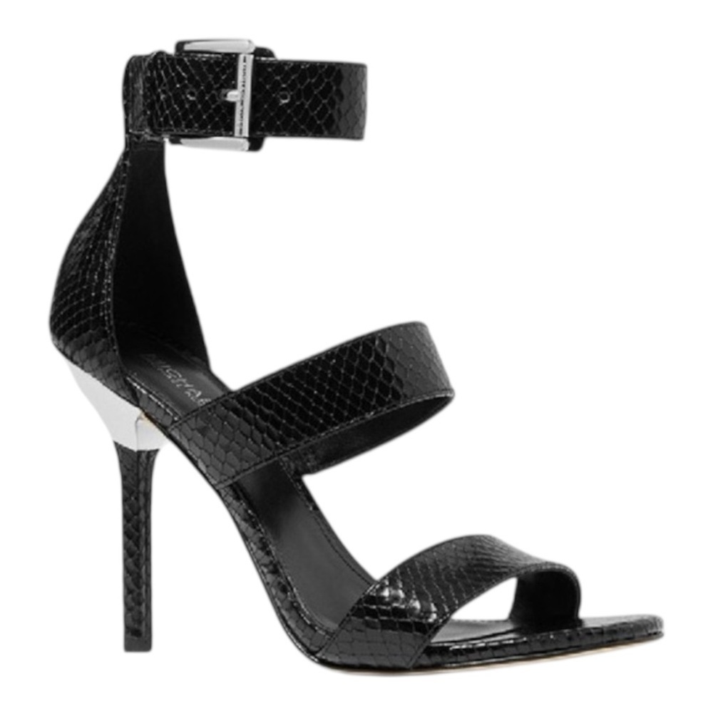 New MK MICHAEL KORS Amal Snake Embossed Leather Sandals Heels Black Size 10